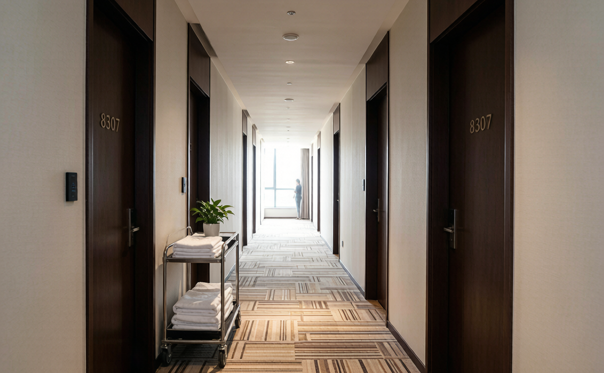 Chinese hotel corridor numbered doors