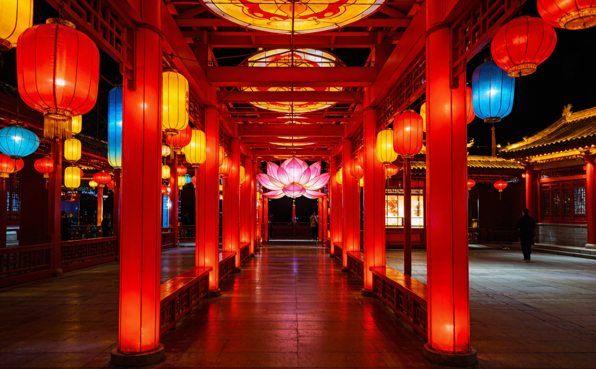 Large glowing lantern installations shaped like dragons at a Chinese night festival