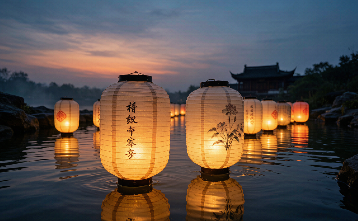 Red lanterns hanging along a traditional Chinese street at night