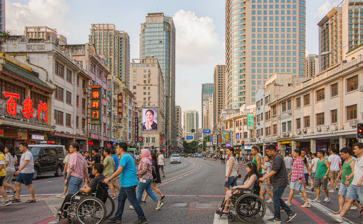 Lively evening street scene in a Chinese city with diverse crowds
