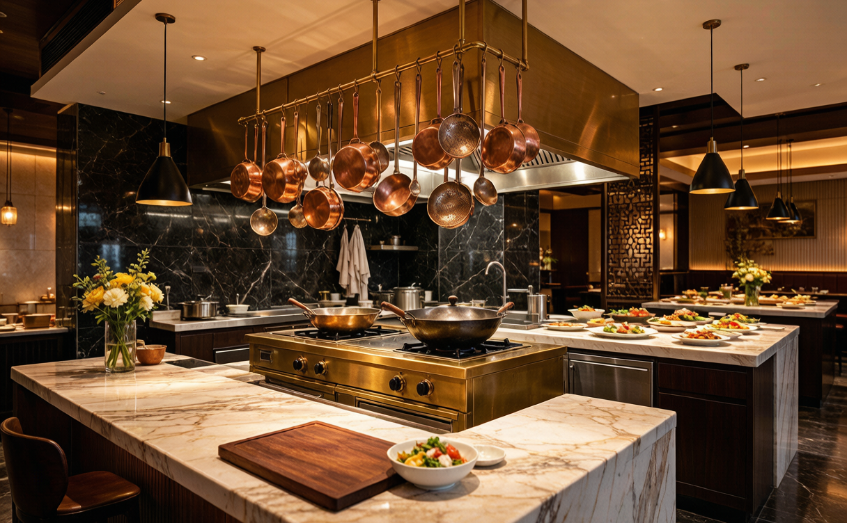 Upscale Chinese restaurant open kitchen with brass wok range
