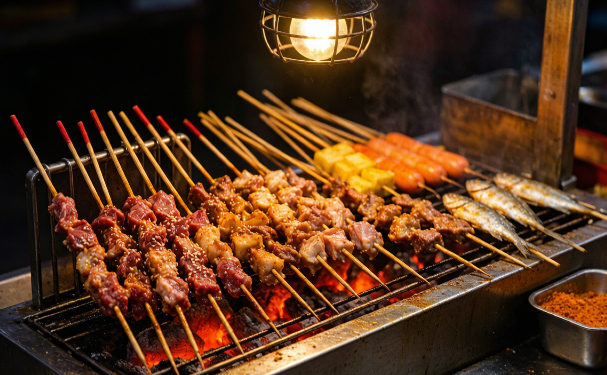 China night market guide - rows of glowing skewer stalls in a crowded night market alley in China