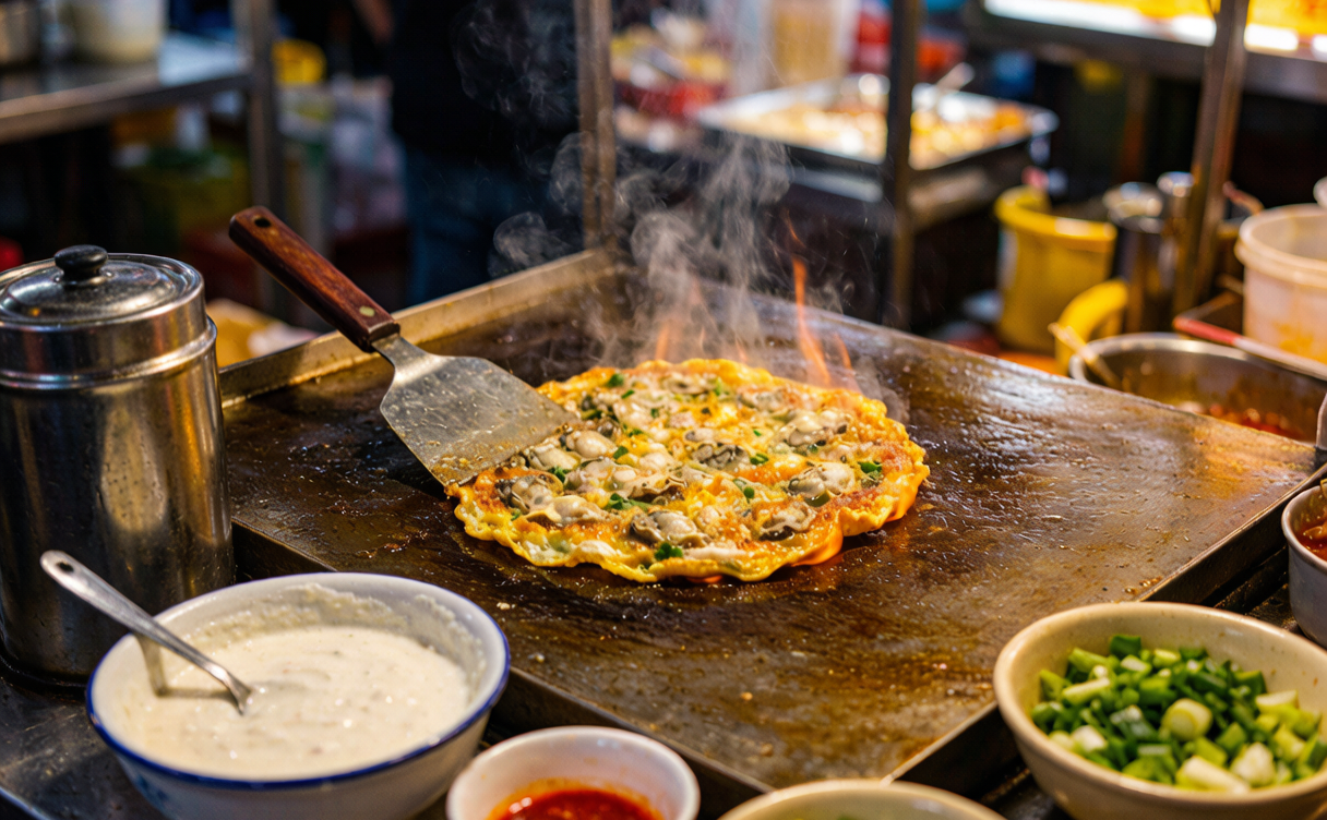 China night market guide - vendor cooking fresh oyster omelets at a seaside night market stall in China