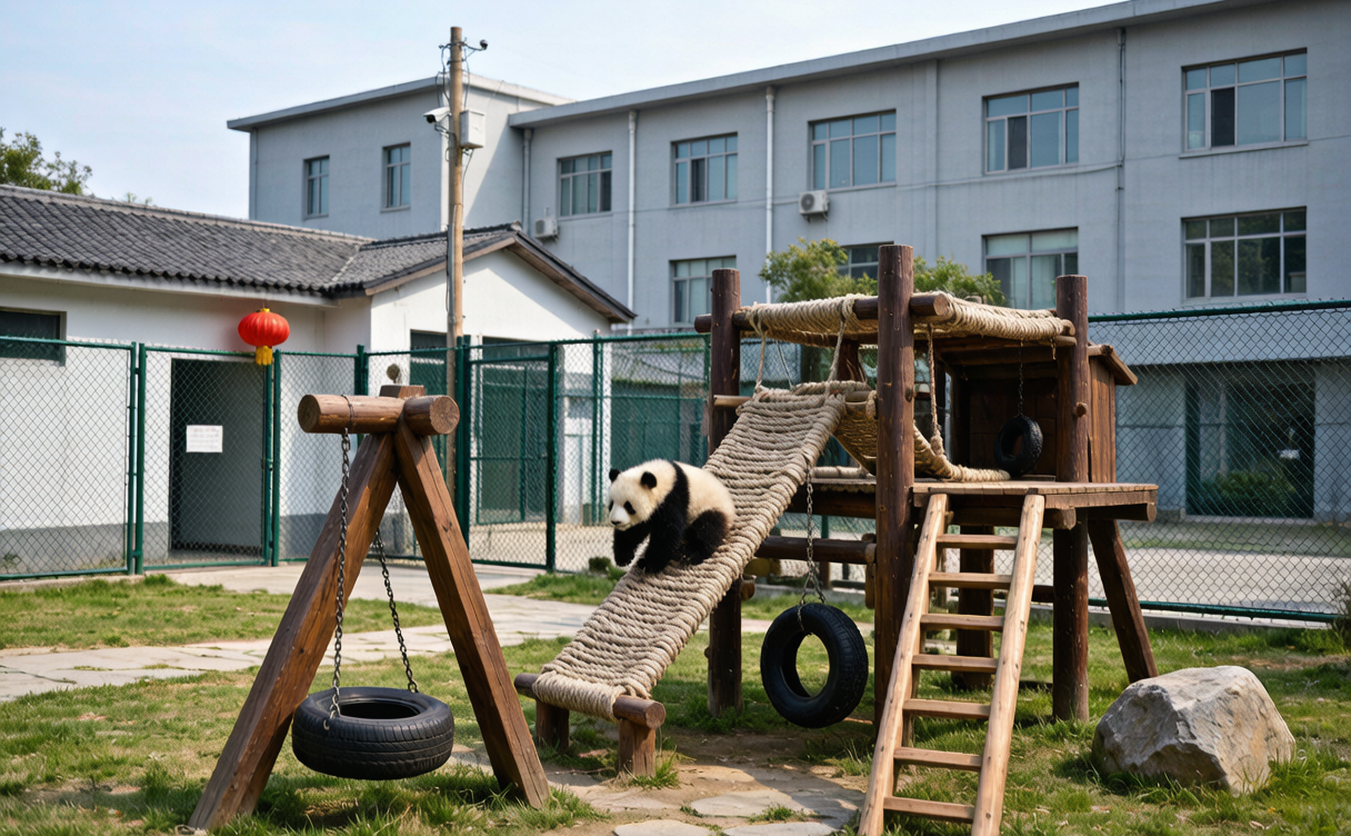 Giant panda eating bamboo at a Chengdu breeding base enclosure