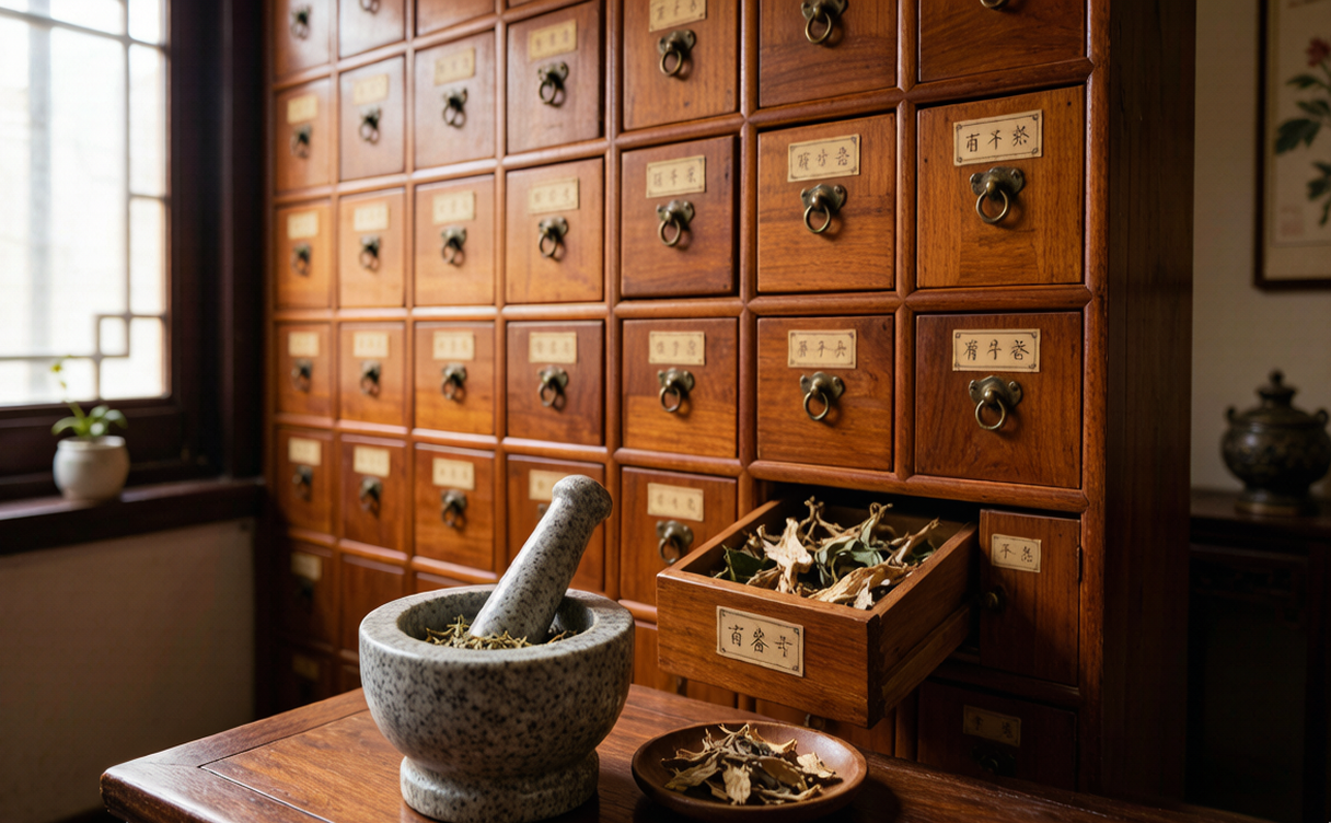 Chinese pharmacy with green cross sign and medicine shelves