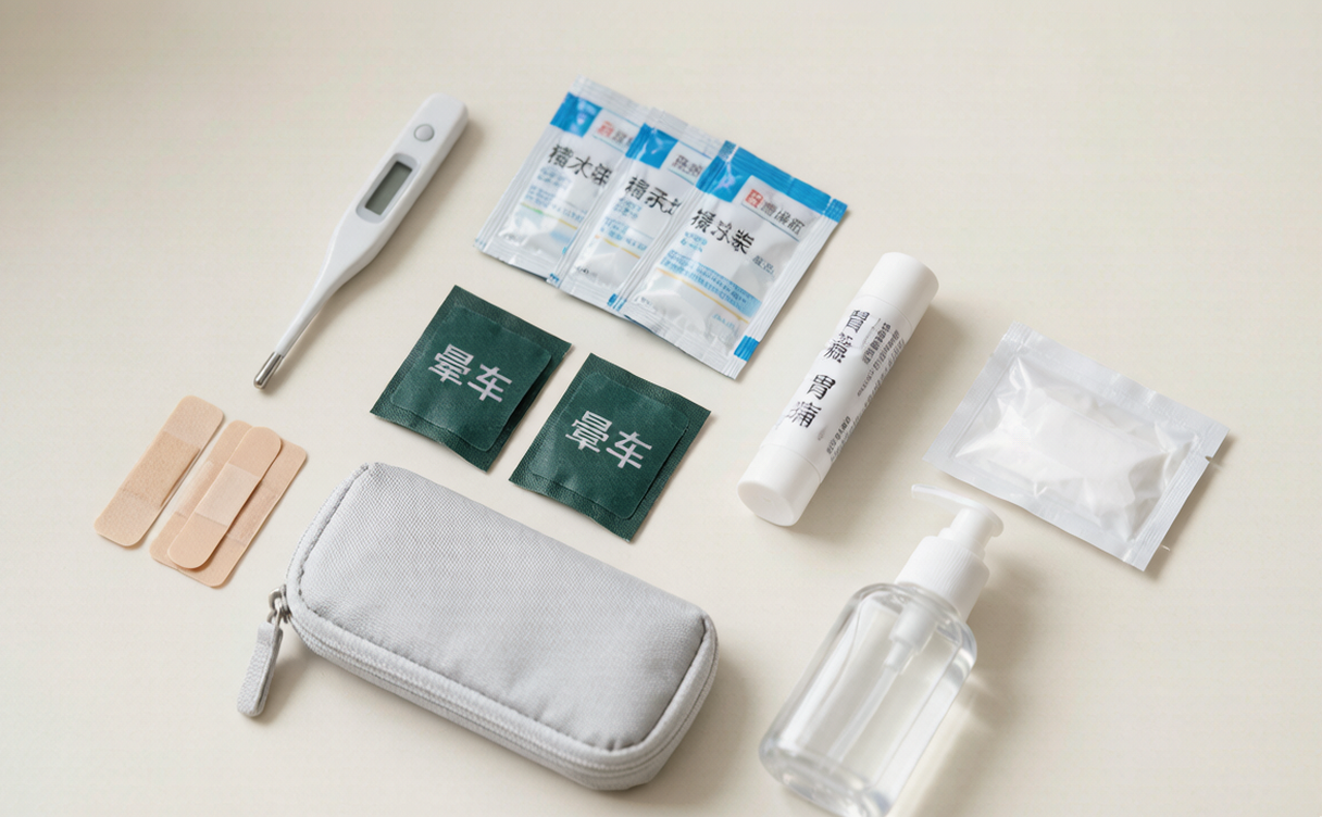 Travel medical kit with medicine packets on hotel desk
