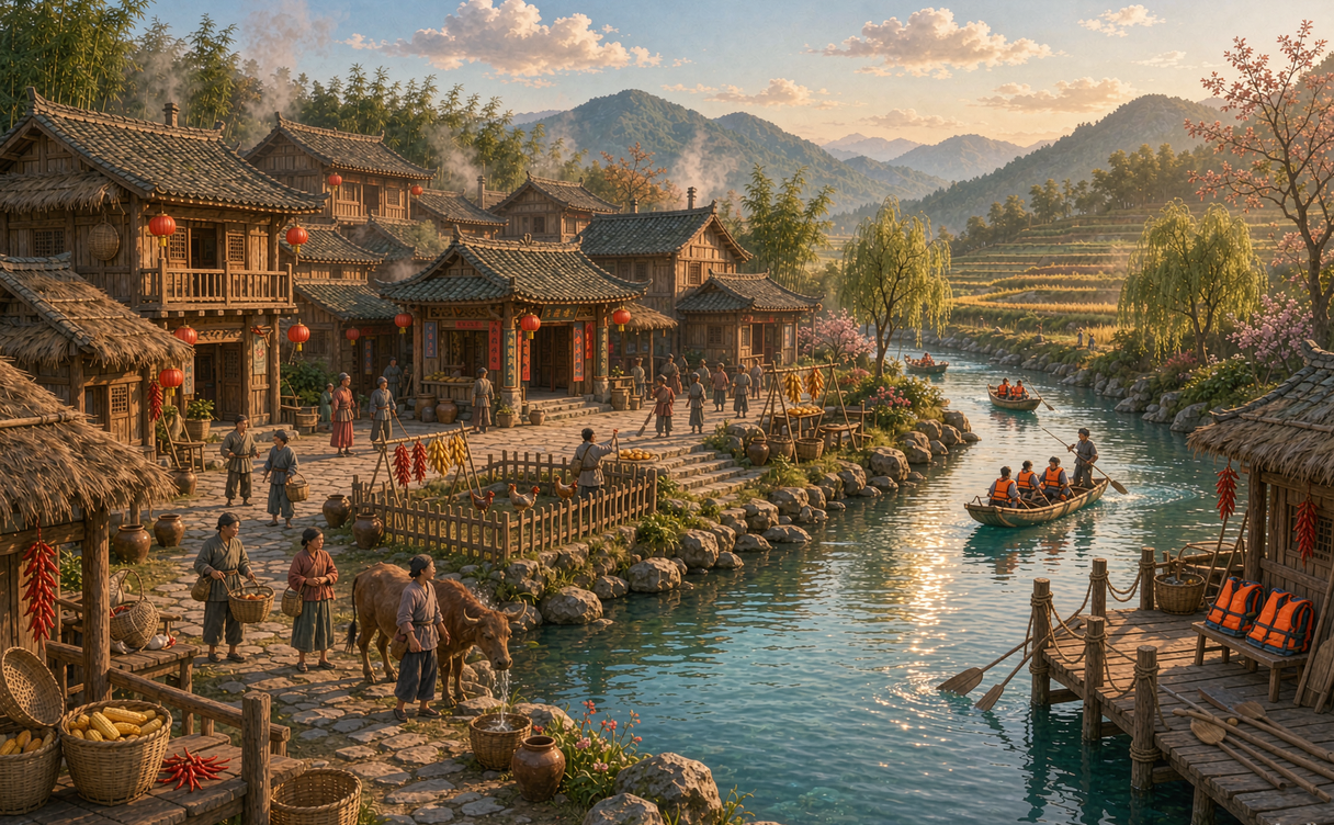 Raft navigating white-water rapids in a Chinese river gorge