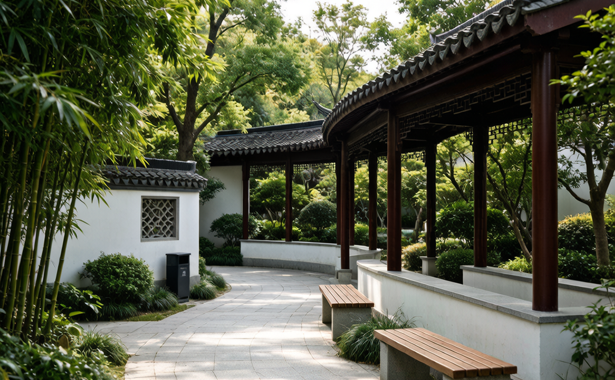Accessible lakeside park path with ramp and handrails in China for senior travellers