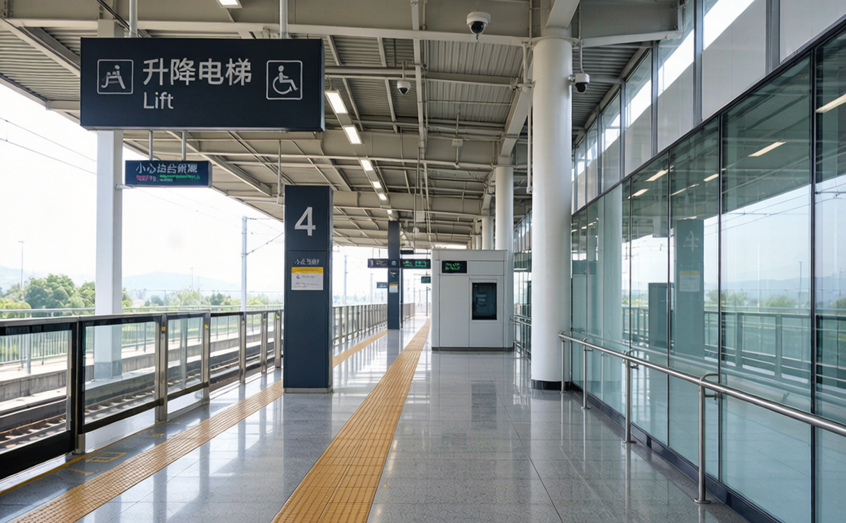 Step-free Chinese high-speed train platform with level boarding and lift signage for senior travellers