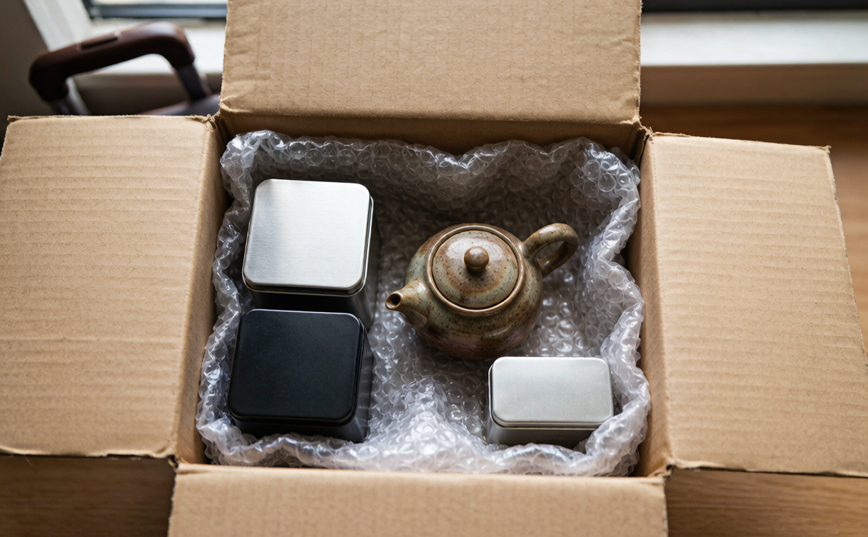 Packing a ceramic teapot in bubble wrap for shipping from China