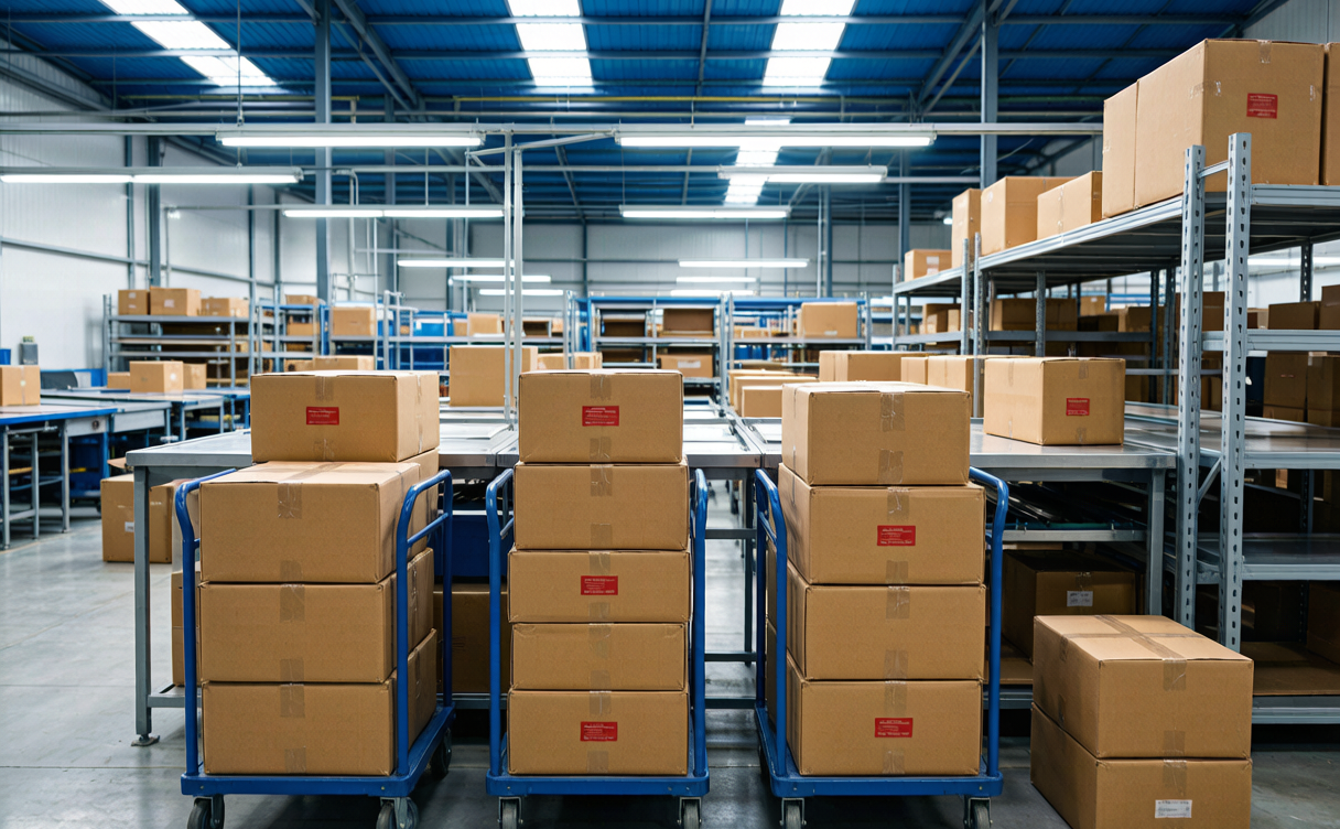 Parcel sorting depot with stacked boxes on trolleys in China
