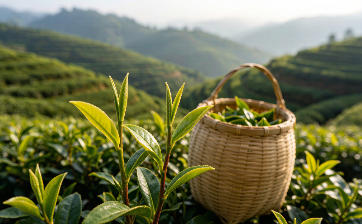 China tea tour guide - hand-picking spring leaves on terraced tea fields in Zhejiang