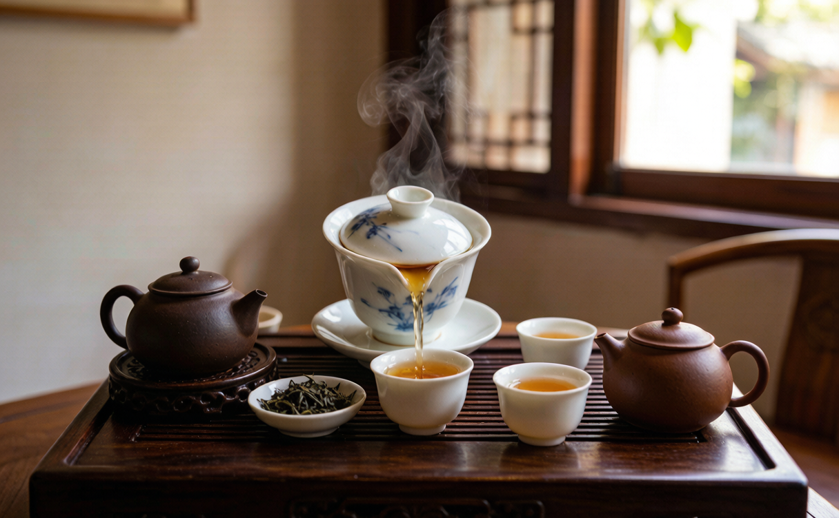 China tea tour guide - gongfu tea ceremony with a gaiwan and small tasting cups