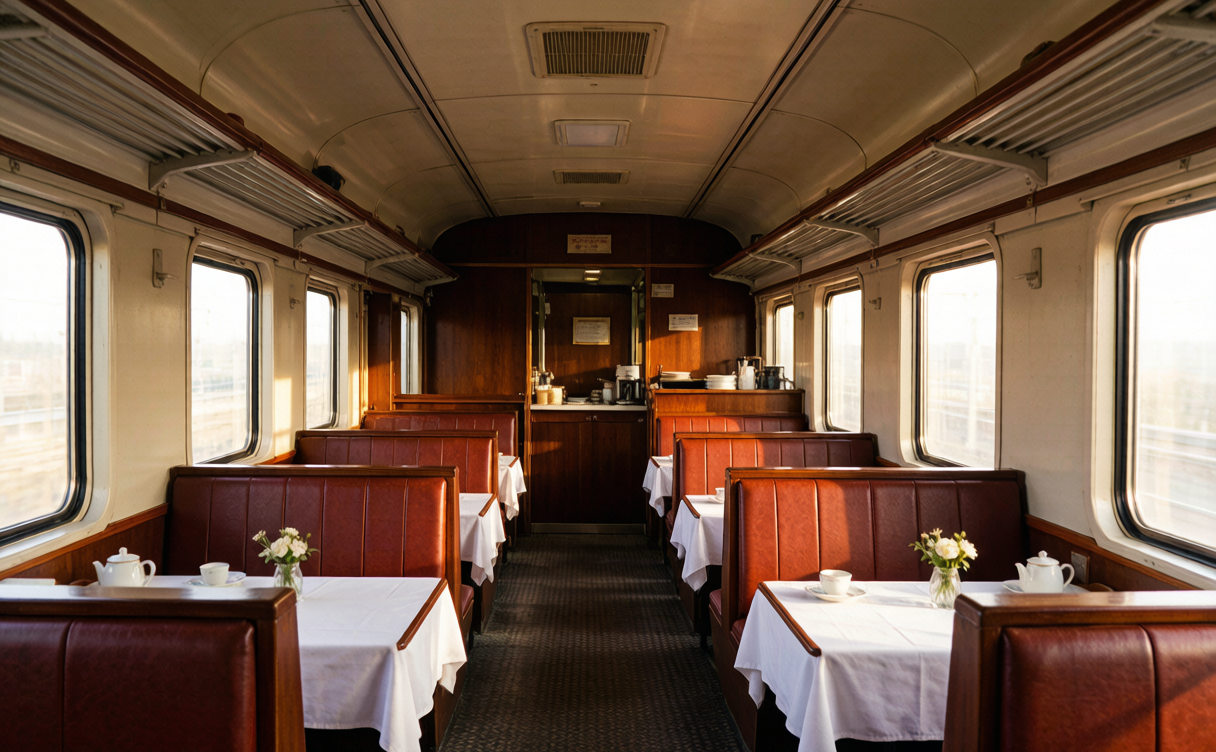 Food on Chinese trains: dining car with booth tables