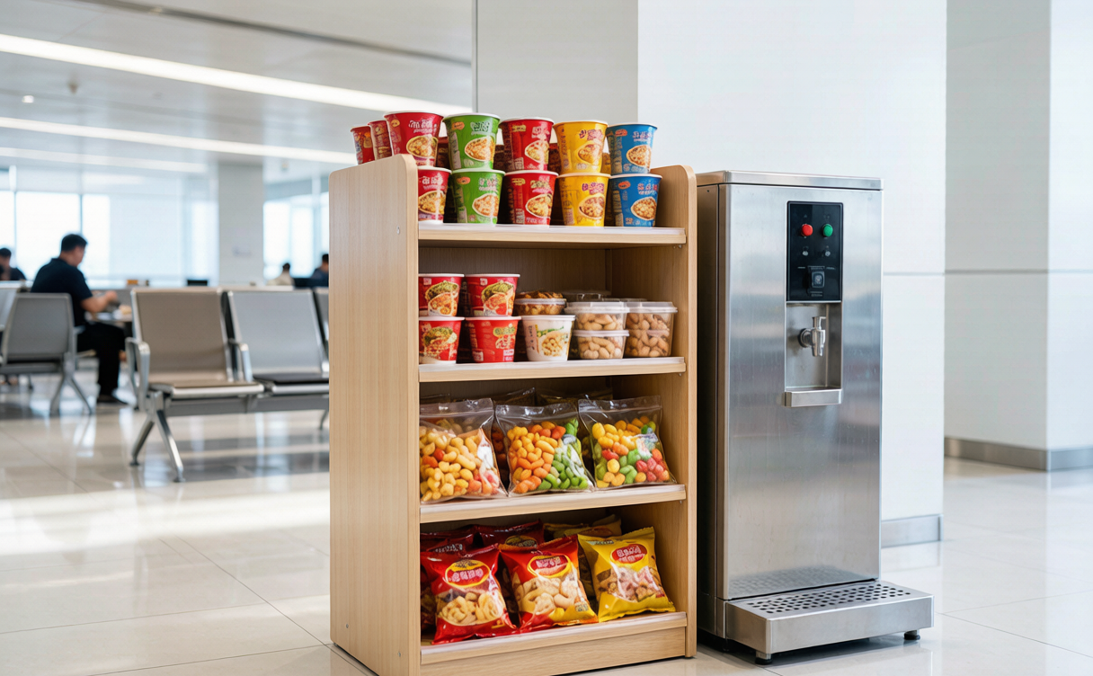 Instant noodles and boiling water dispenser at a Chinese railway station