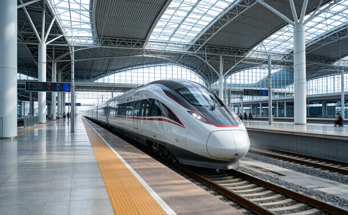 China train types guide - silver Fuxing high-speed train pulling into a modern station in China