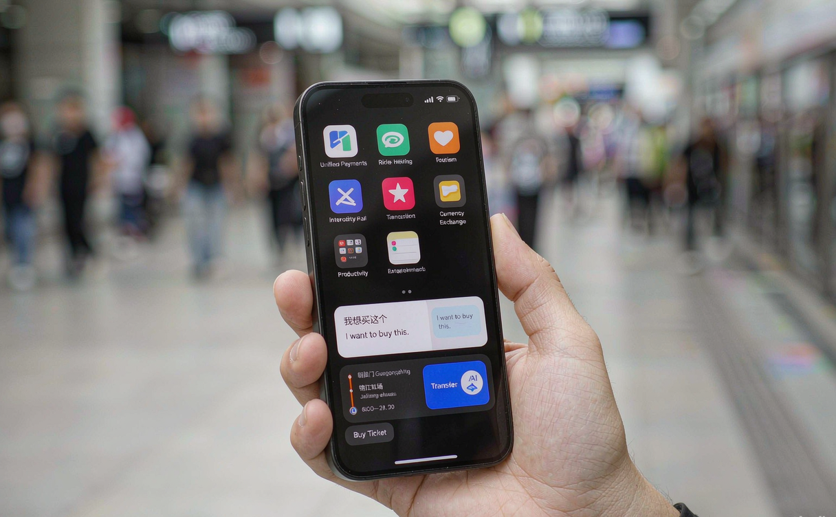 traveler using phone apps on China street