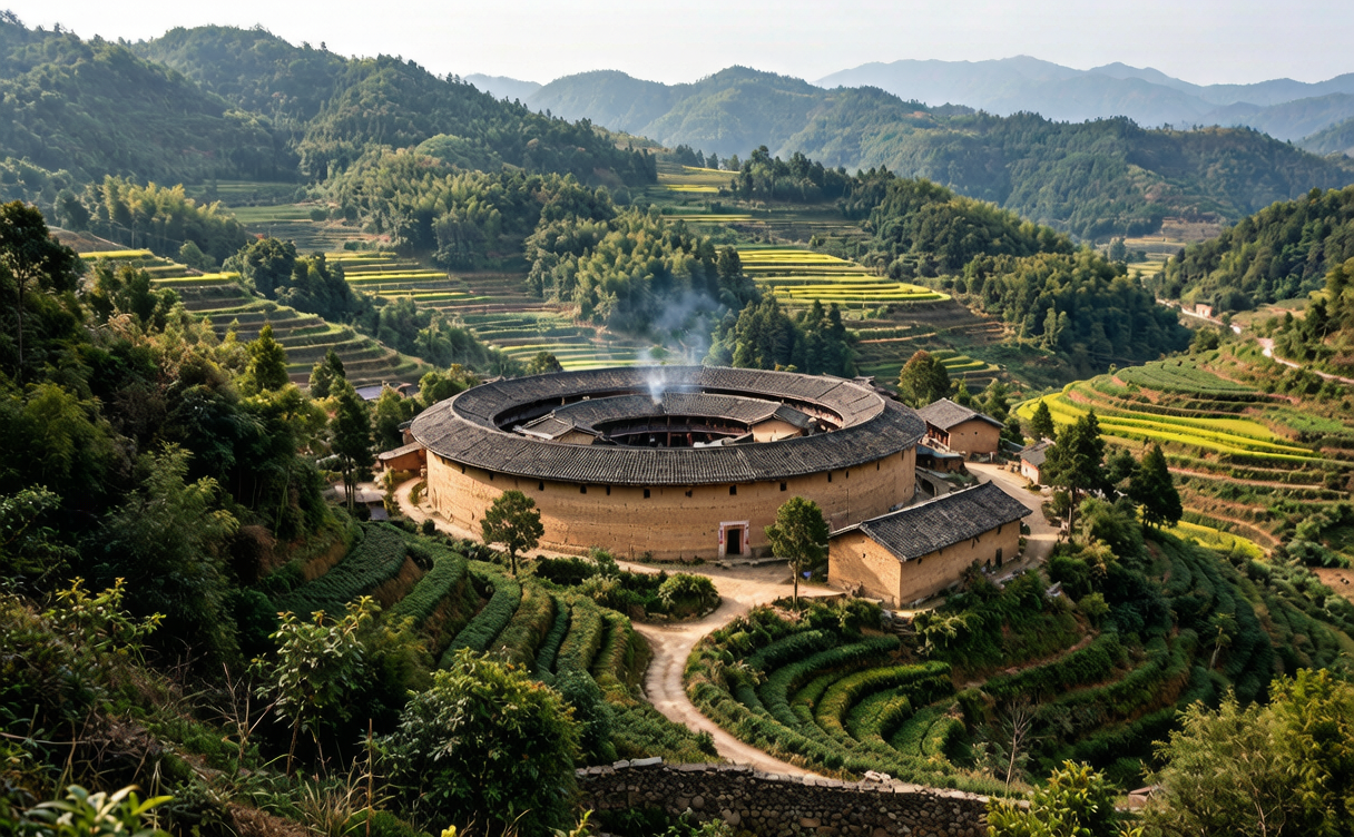 Rammed-earth circular village compound from a hillside among tea terraces in Fujian