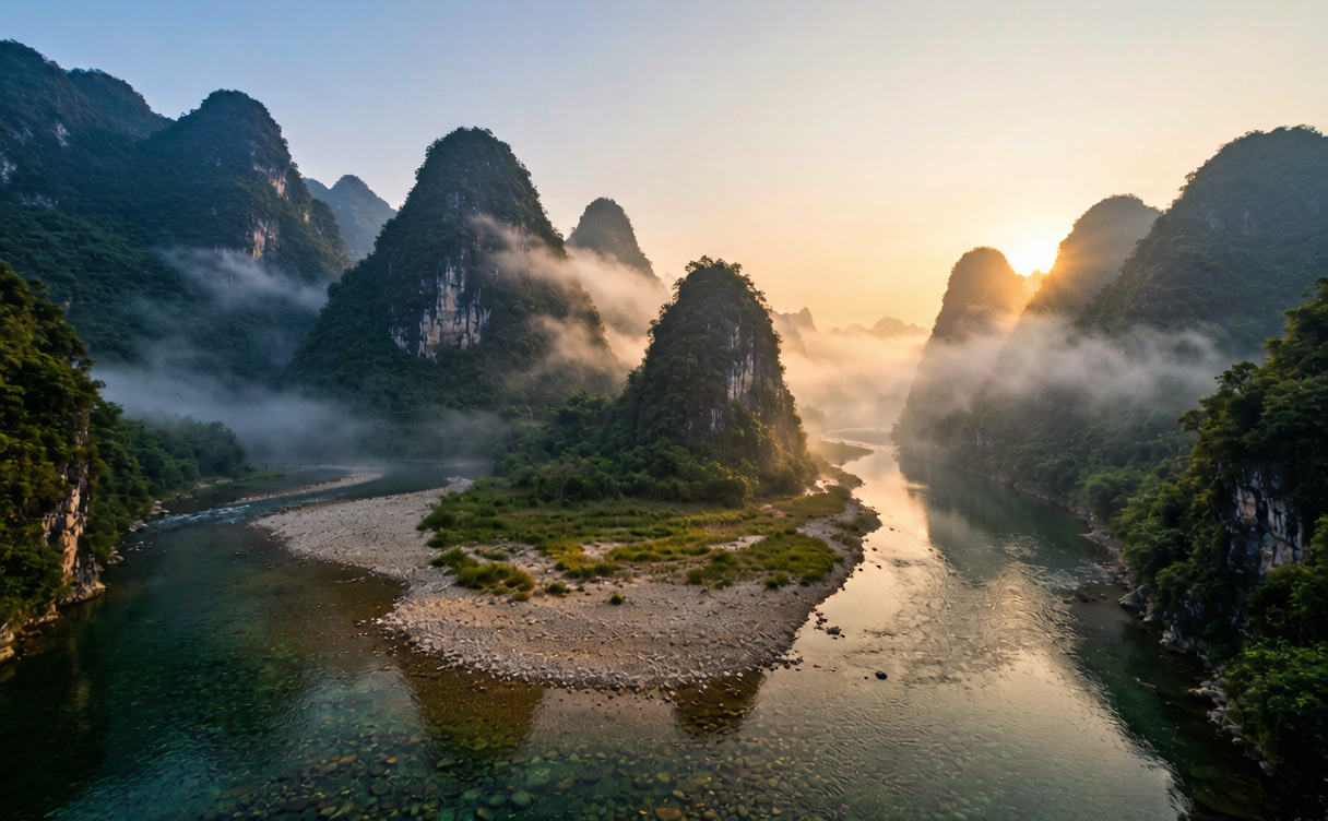 Forested limestone peaks and a clear river bend in a protected reserve in China