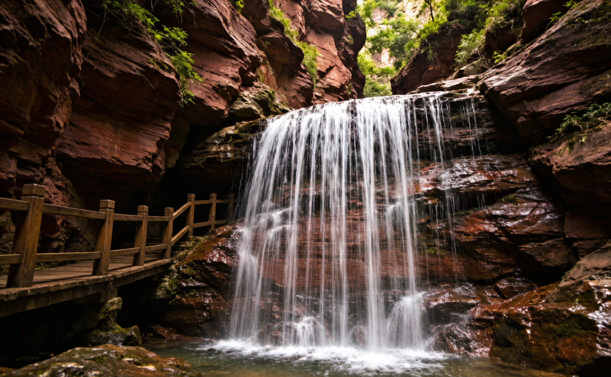 Chishui waterfall travel guide - boardwalk behind a waterfall on red Danxia rock