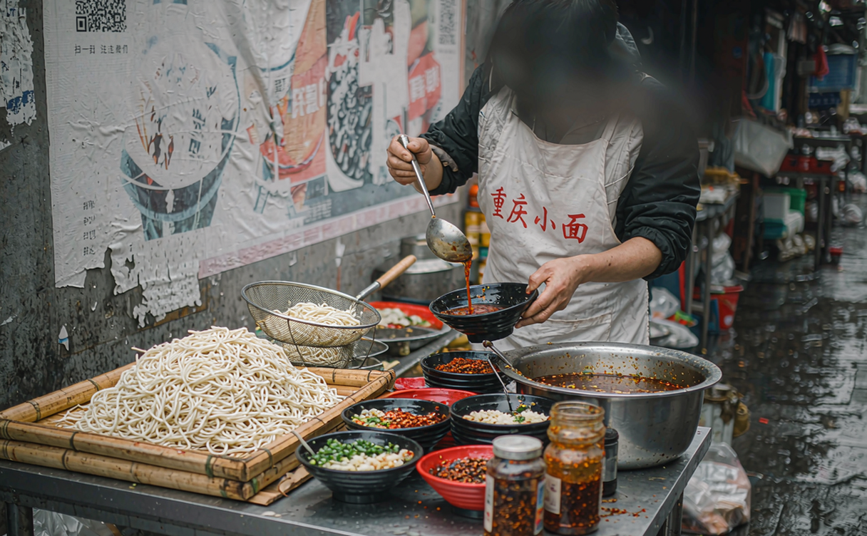 Close-up of a red chili-oil Chongqing xiaomian bowl with scallions and pickled mustard on a plastic stool