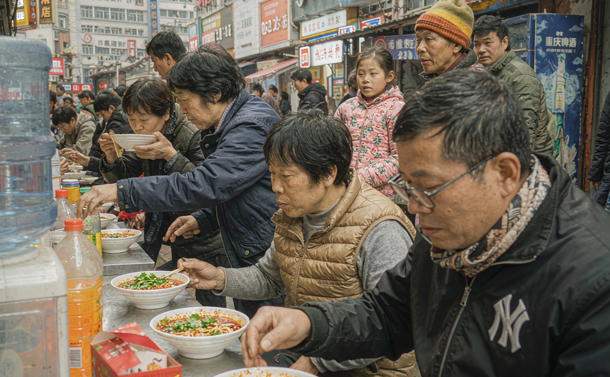 A noodle cook lifting a wire basket of boiling xiaomian from a wok in a Chongqing alley kitchen