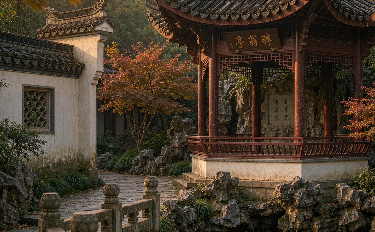 A classical Chuzhou garden with a pond, stone bridge, and tiled pavilions in warm light
