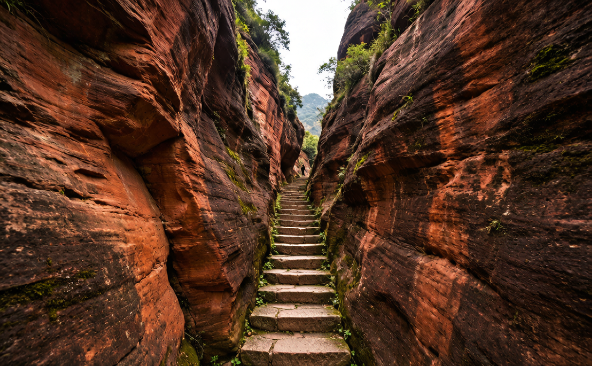 Red Danxia sandstone cliffs and forest along the river in Shaoguan Guangdong