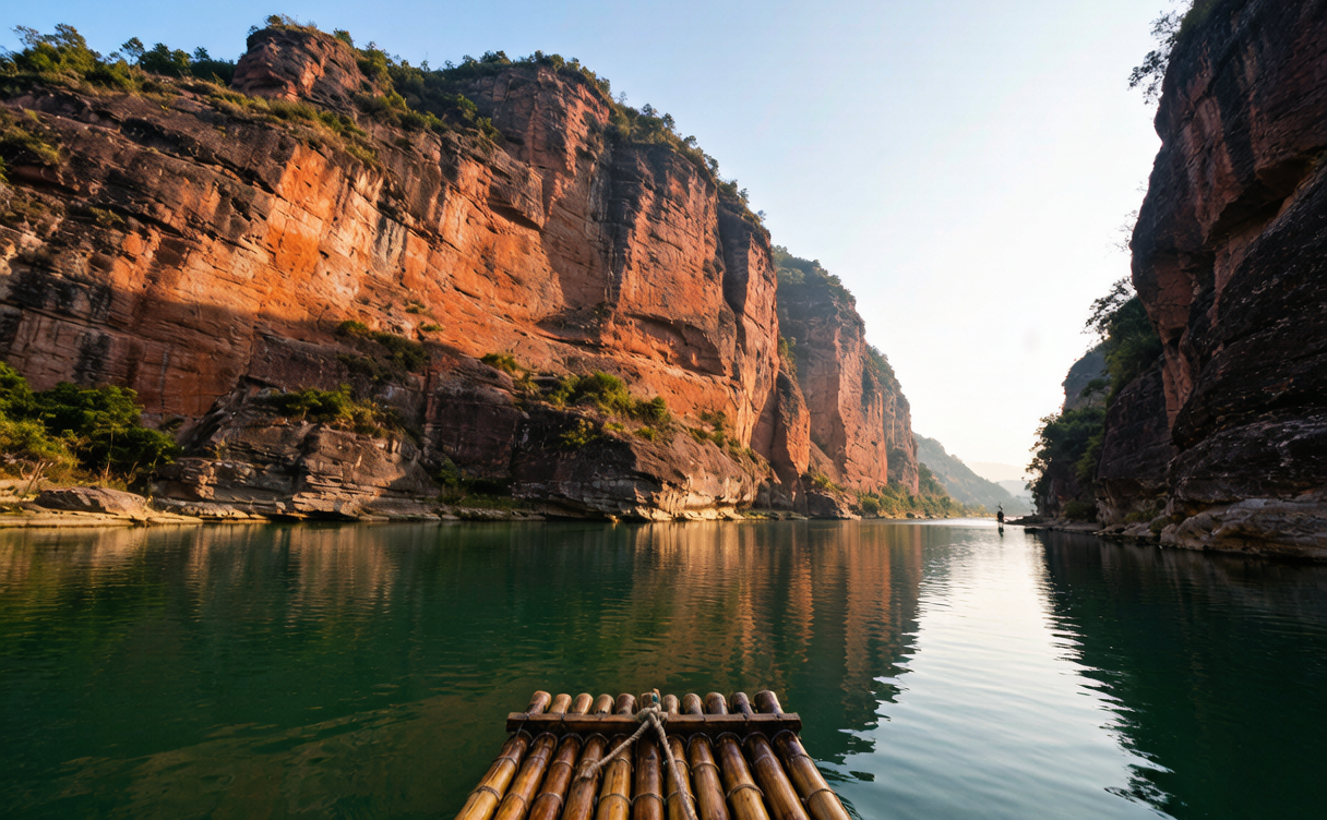 Bamboo raft on the Jinjiang River below red Danxia cliffs in Shaoguan