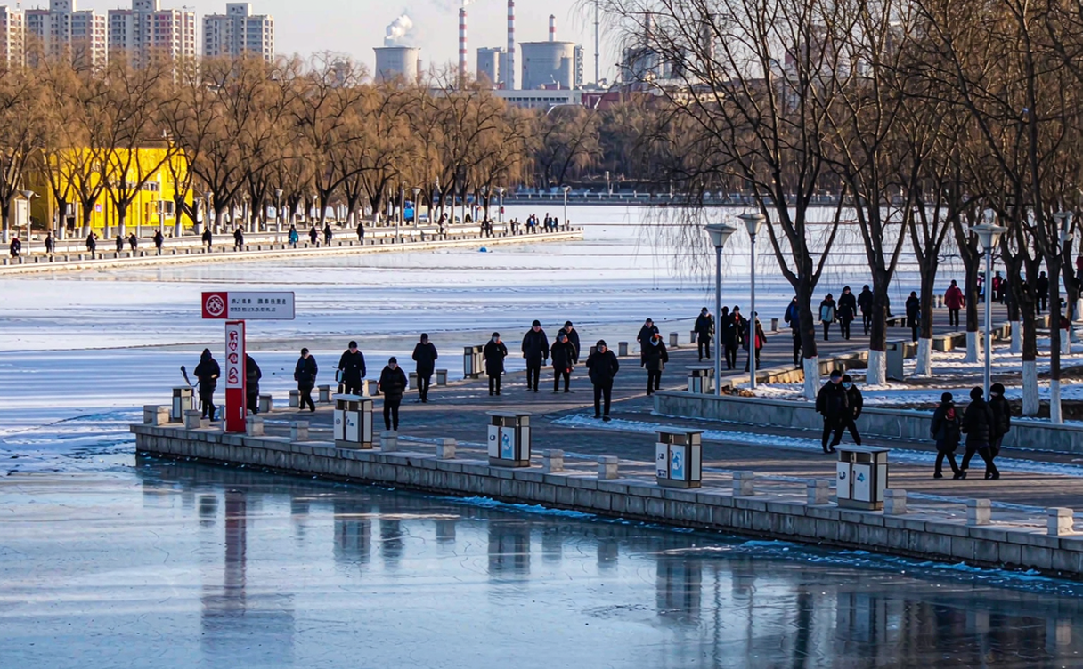 Longfeng Wetland boardwalk with reeds and distant Daqing towers