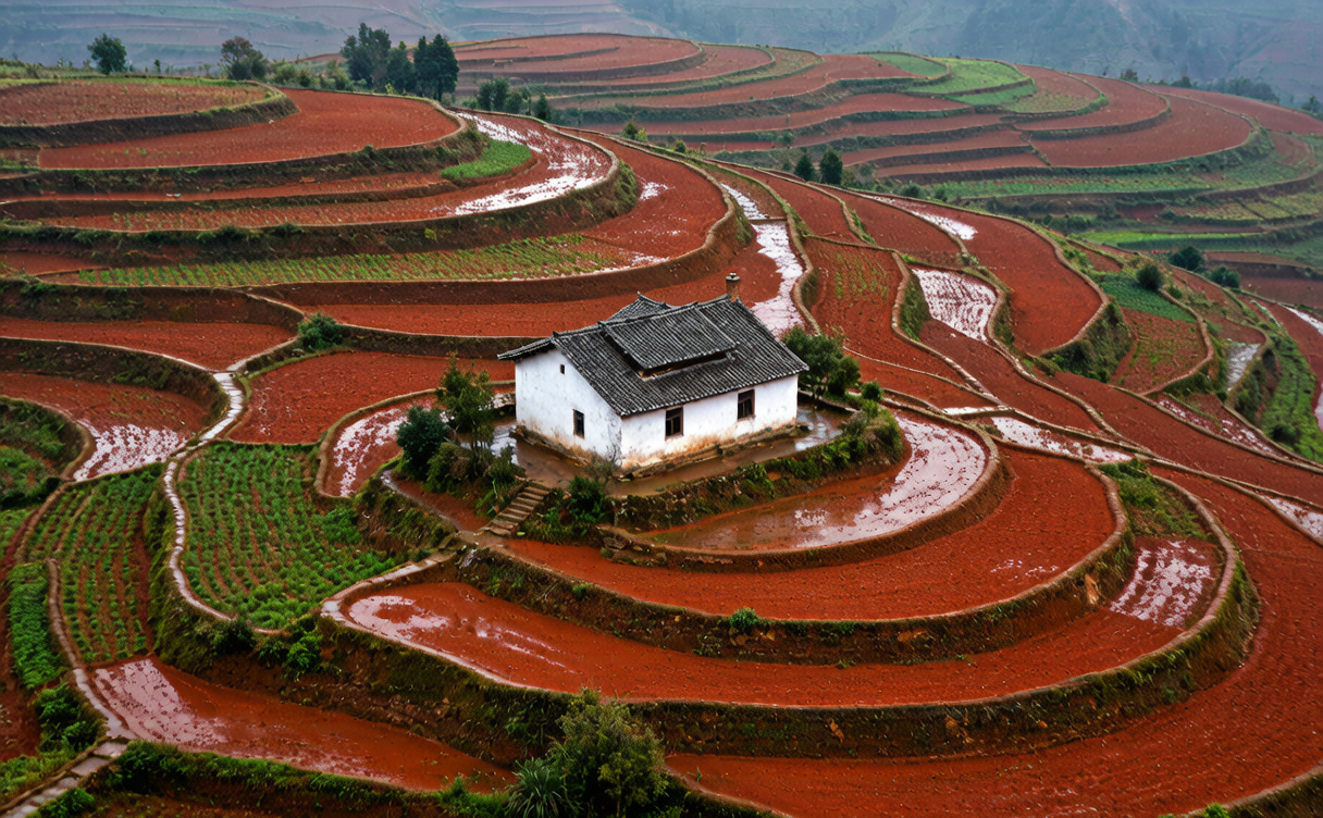 Red soil terraces of Dongchuan, Yunnan, China with crop stripes