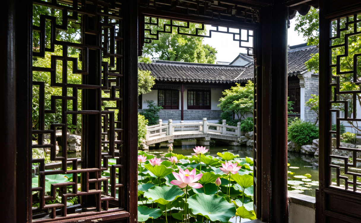 Keyuan classical garden lotus pond and lattice windows in Dongguan, Guangdong
