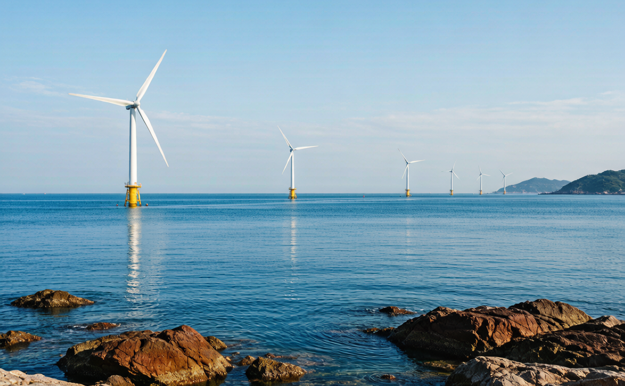 Row of white wind turbines along the Dongshan Island coast in Fujian at dusk