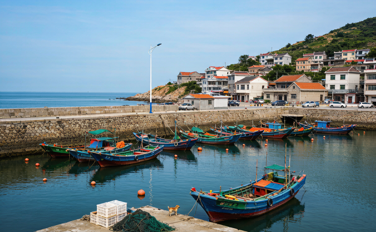 Colorful wooden fishing boats moored at the Dongshan Island harbor in Fujian, China
