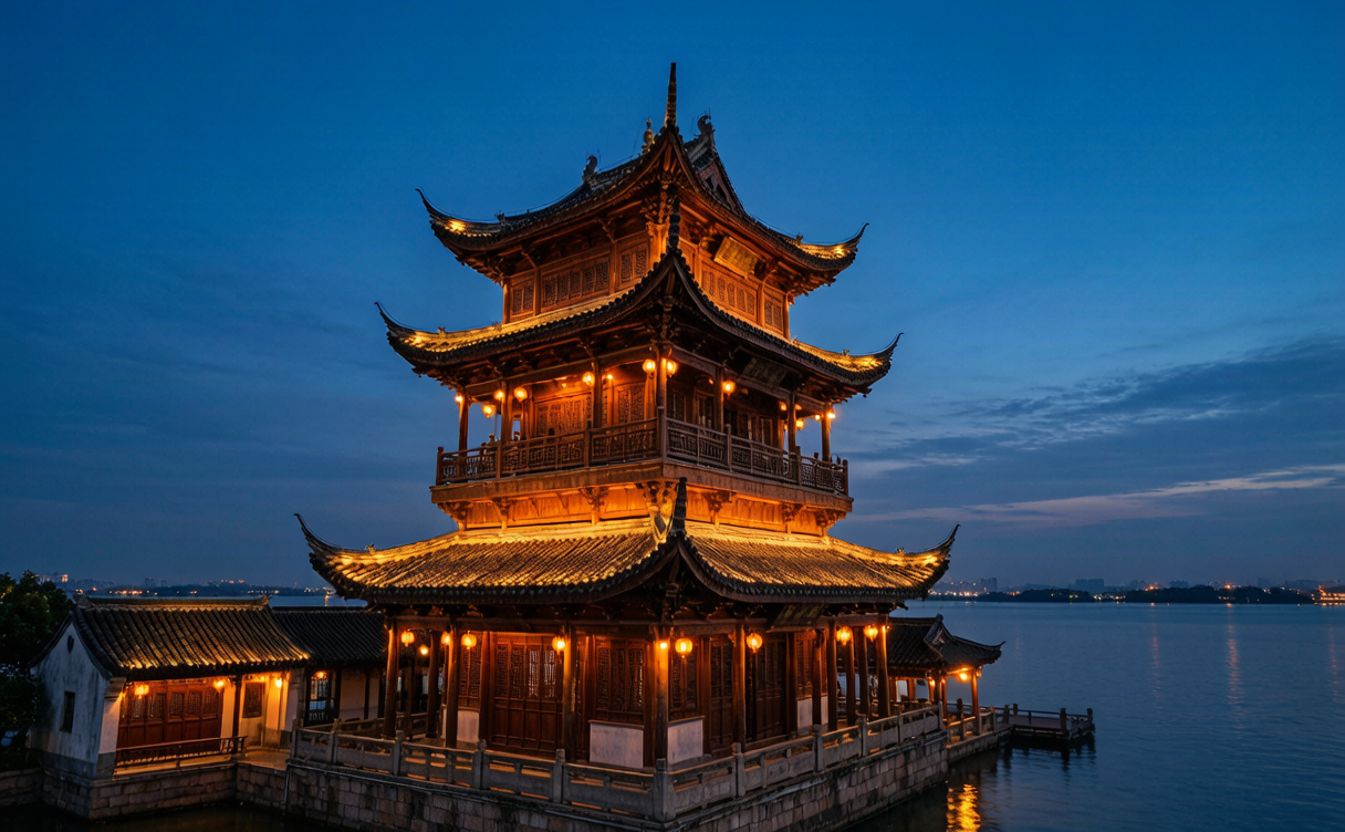 Dongting Lake travel guide - Yueyang Tower above the lake at dusk