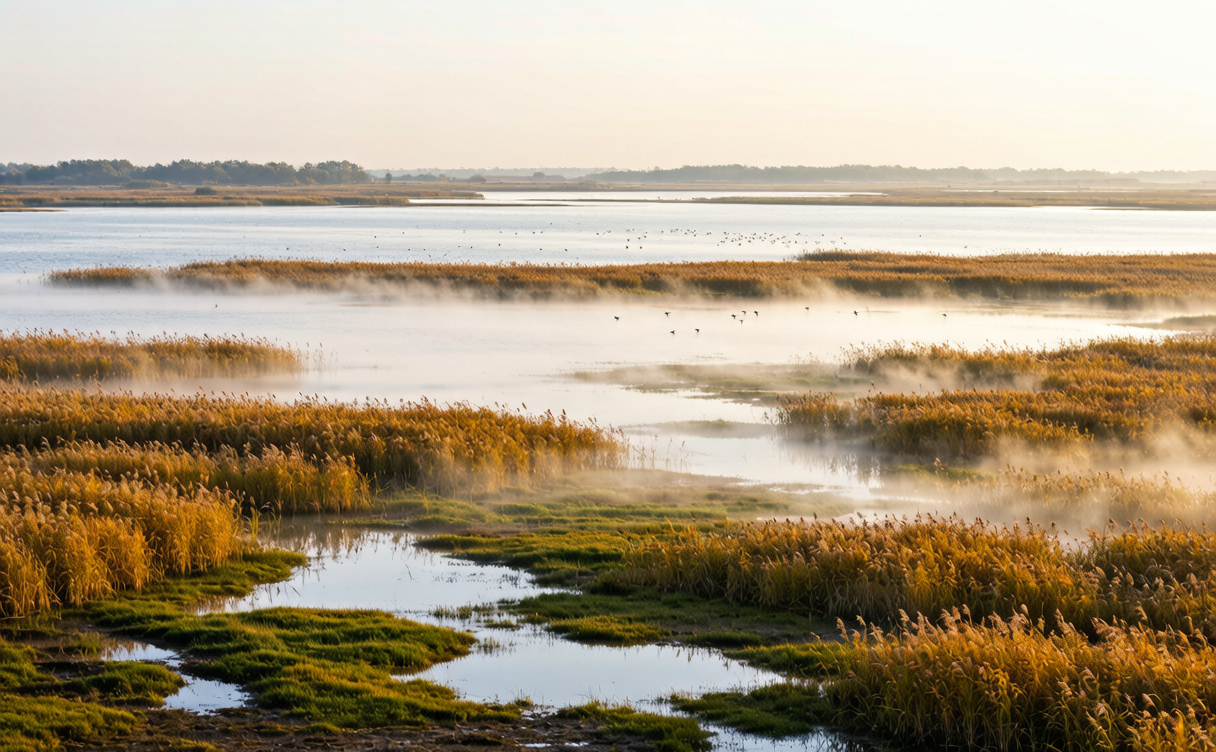 Dongting Lake travel guide - mist over the reed beds of the East Dongting wetlands