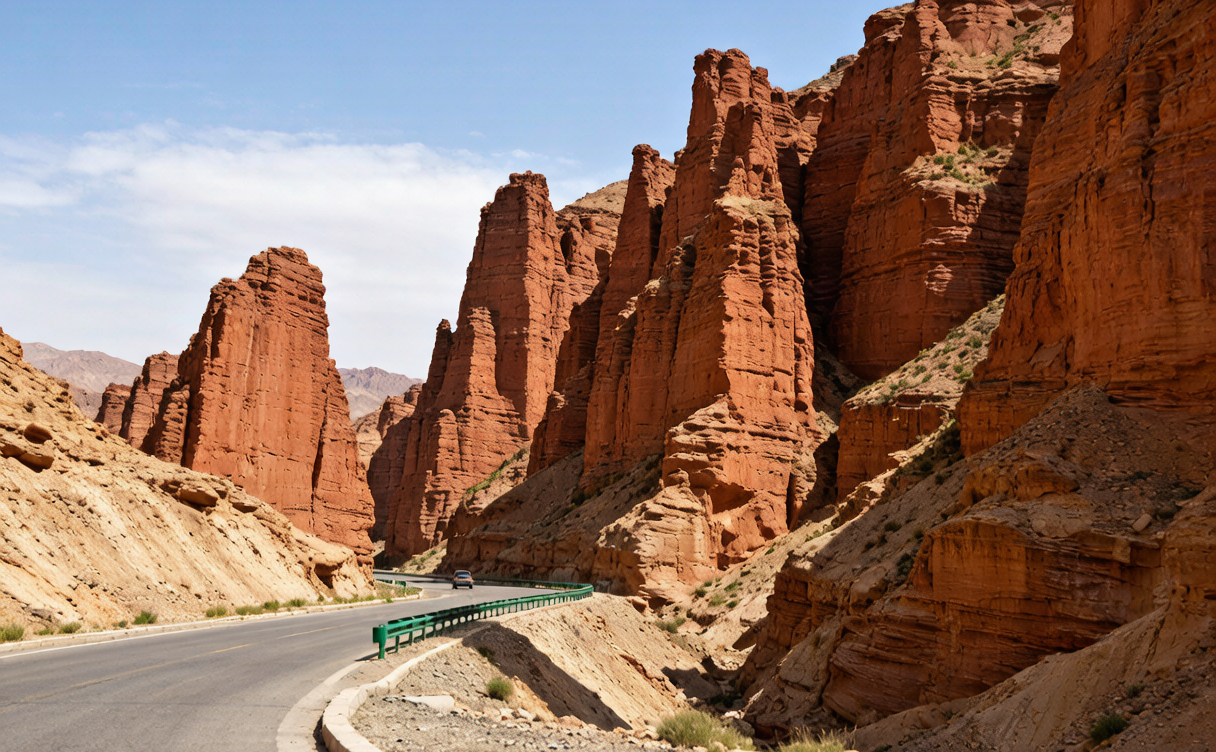 Duku Highway mountain pass in Xinjiang, China with switchbacks and snow patches