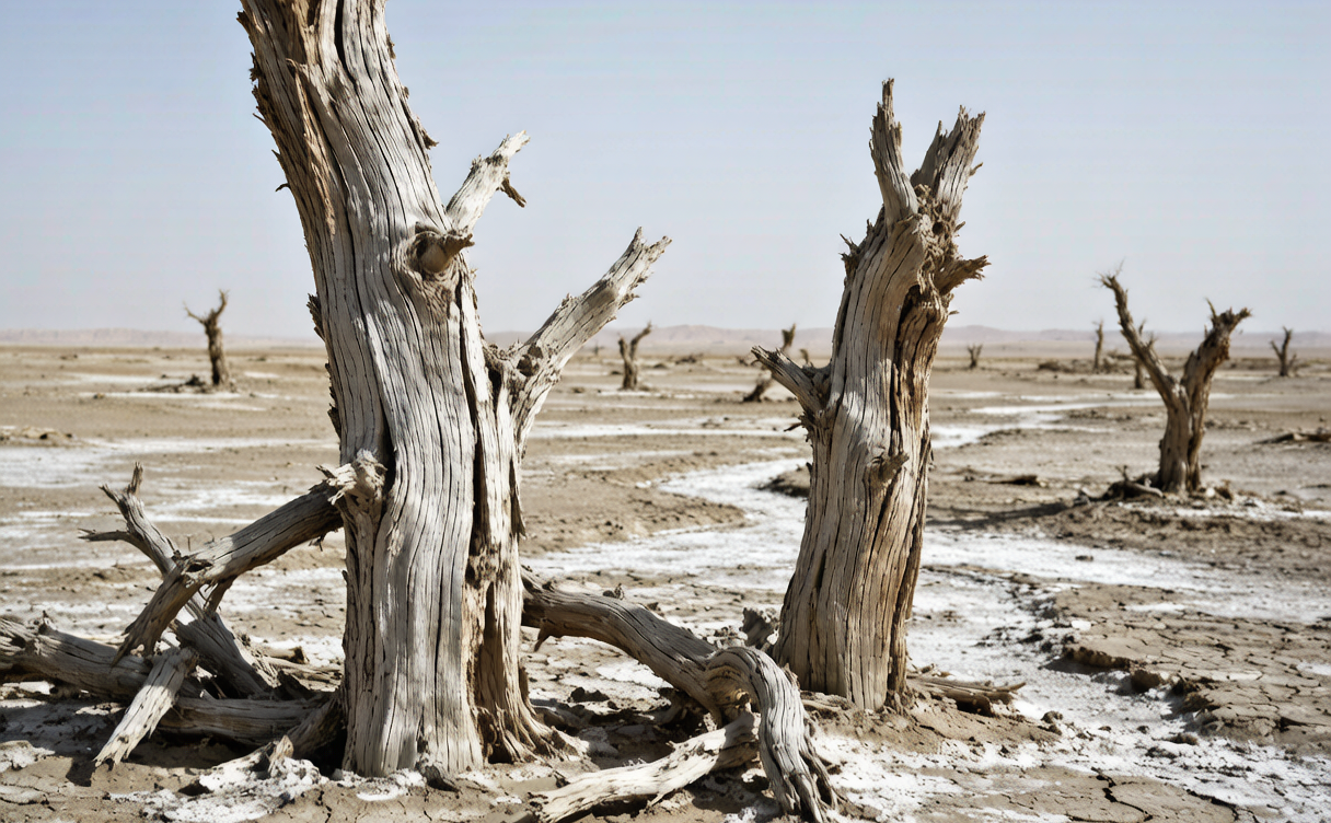Golden poplar trees reflected in desert water at Ejina, Inner Mongolia, China