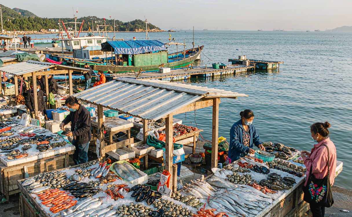 Jing ethnic fishing boats and nets on Wanwei Island