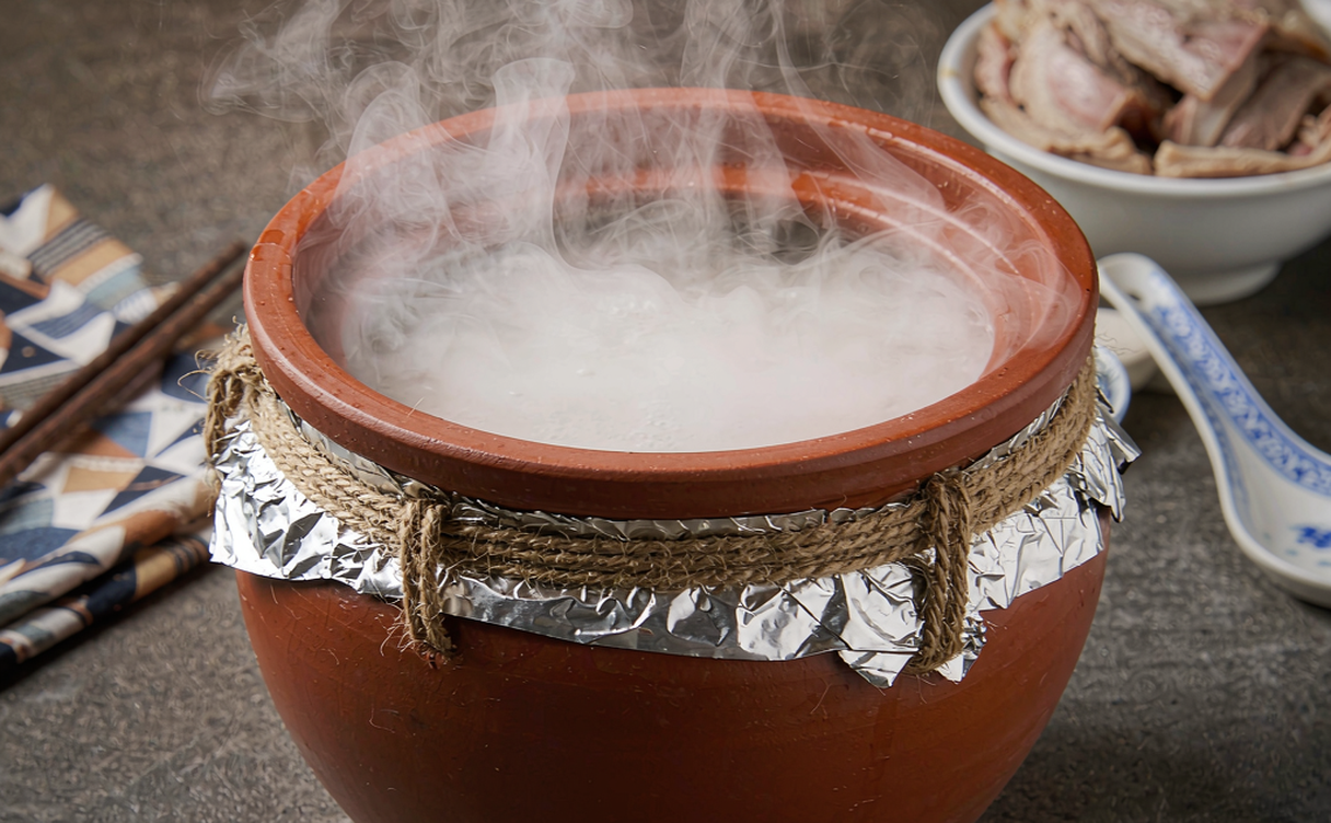 Traditional clay pot of Buddha Jumps Over the Wall being opened at a Fuzhou restaurant table