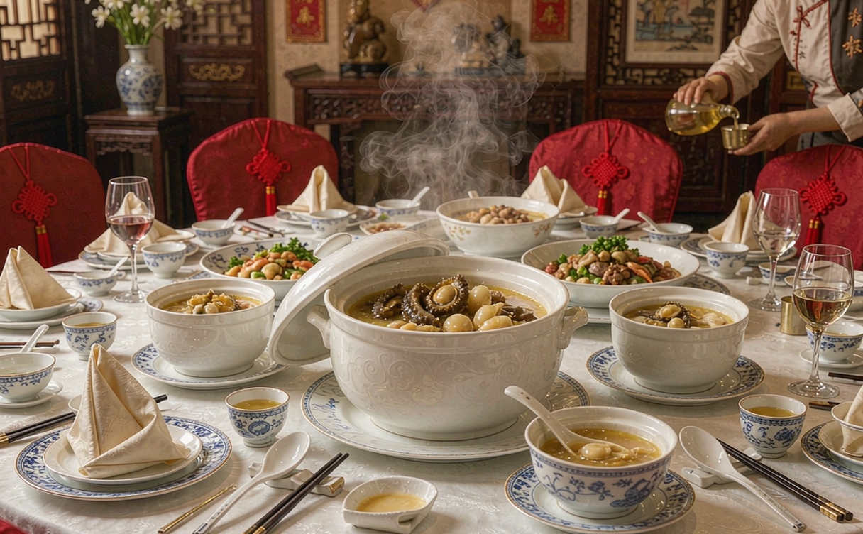 Banquet table set with small individual pots of Buddha Jumps Over the Wall