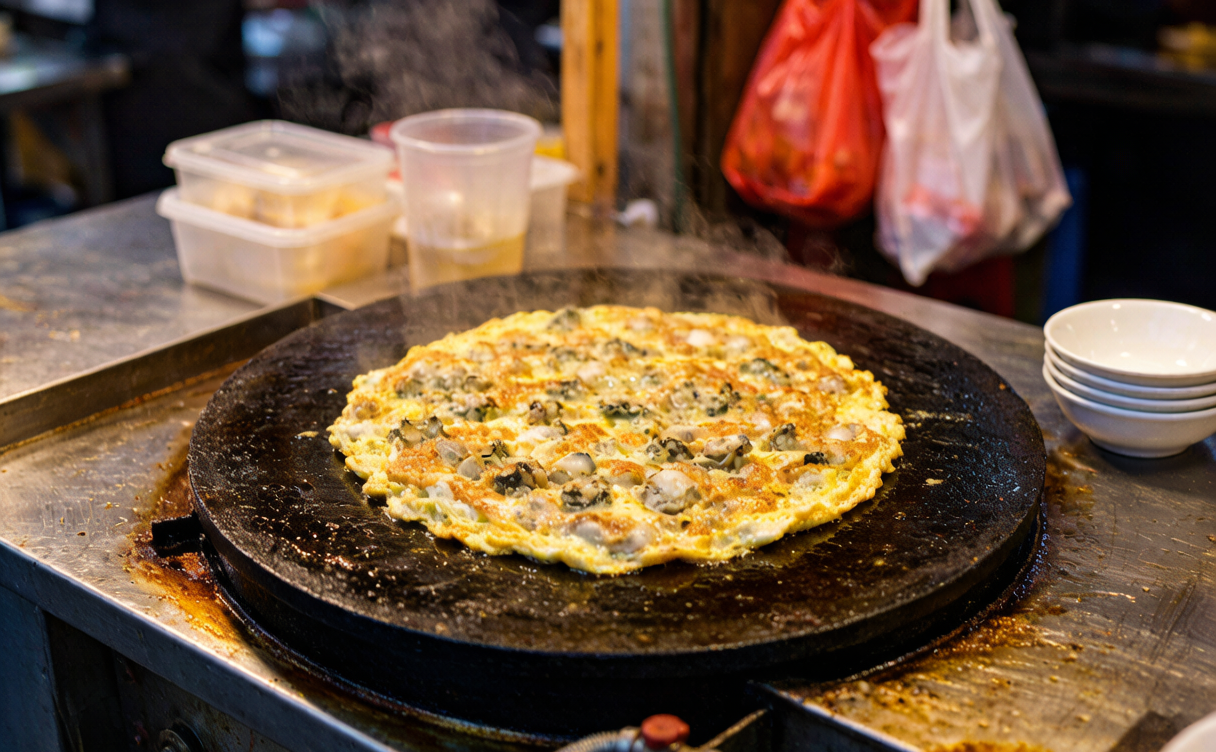 Fujian Min cuisine guide - oyster omelette frying on an iron pan at a night market in Fujian, China