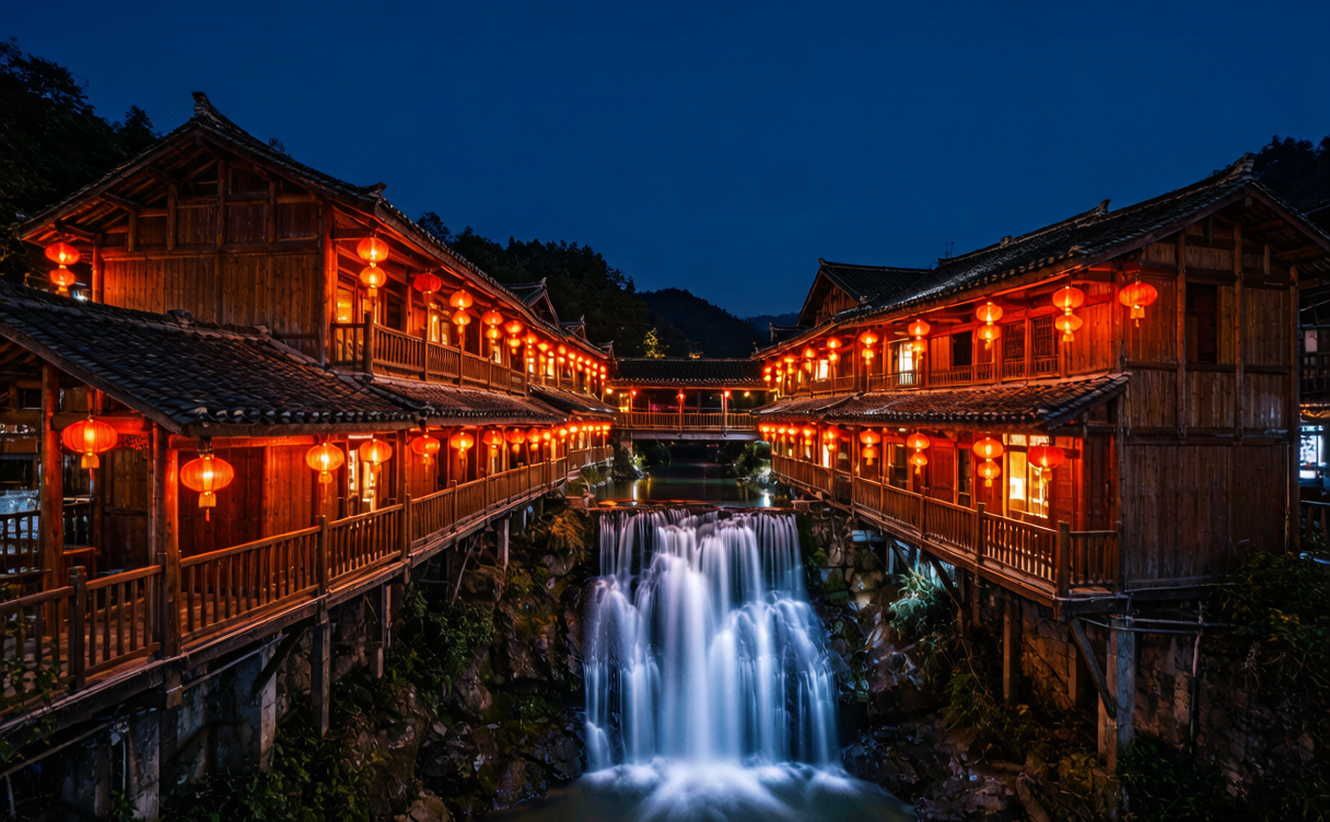 Furong ancient town guide - lantern-lit walkways and floodlit waterfall at night