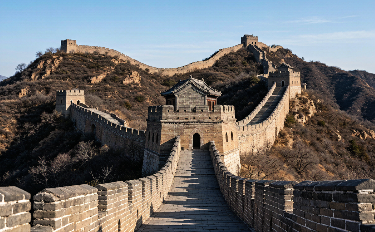 Restored Mutianyu Great Wall watchtower winding over forested hills near Beijing