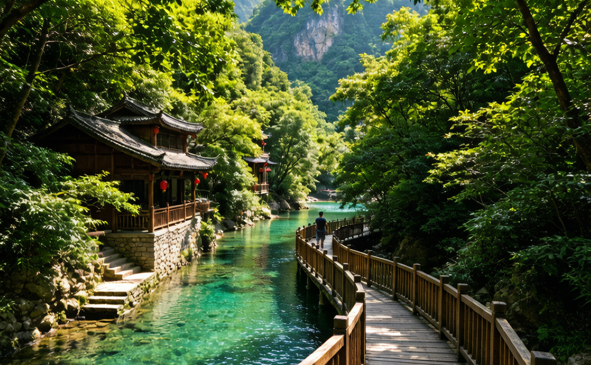 A tiered waterfall cascading into a turquoise pool in Guan'e Valley Gansu