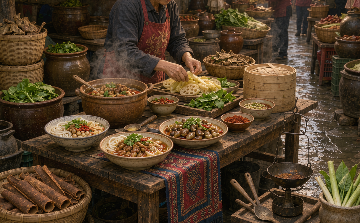 A spread of Guangxi dishes including five-colored sticky rice, grilled fish, and fresh herbs on a table
