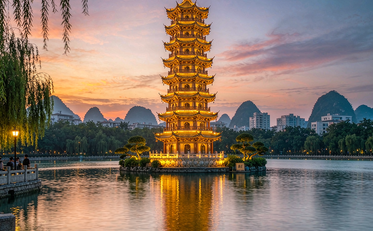 Illuminated Sun and Moon Pagodas reflecting on the surface of Shanhu Lake in Guilin