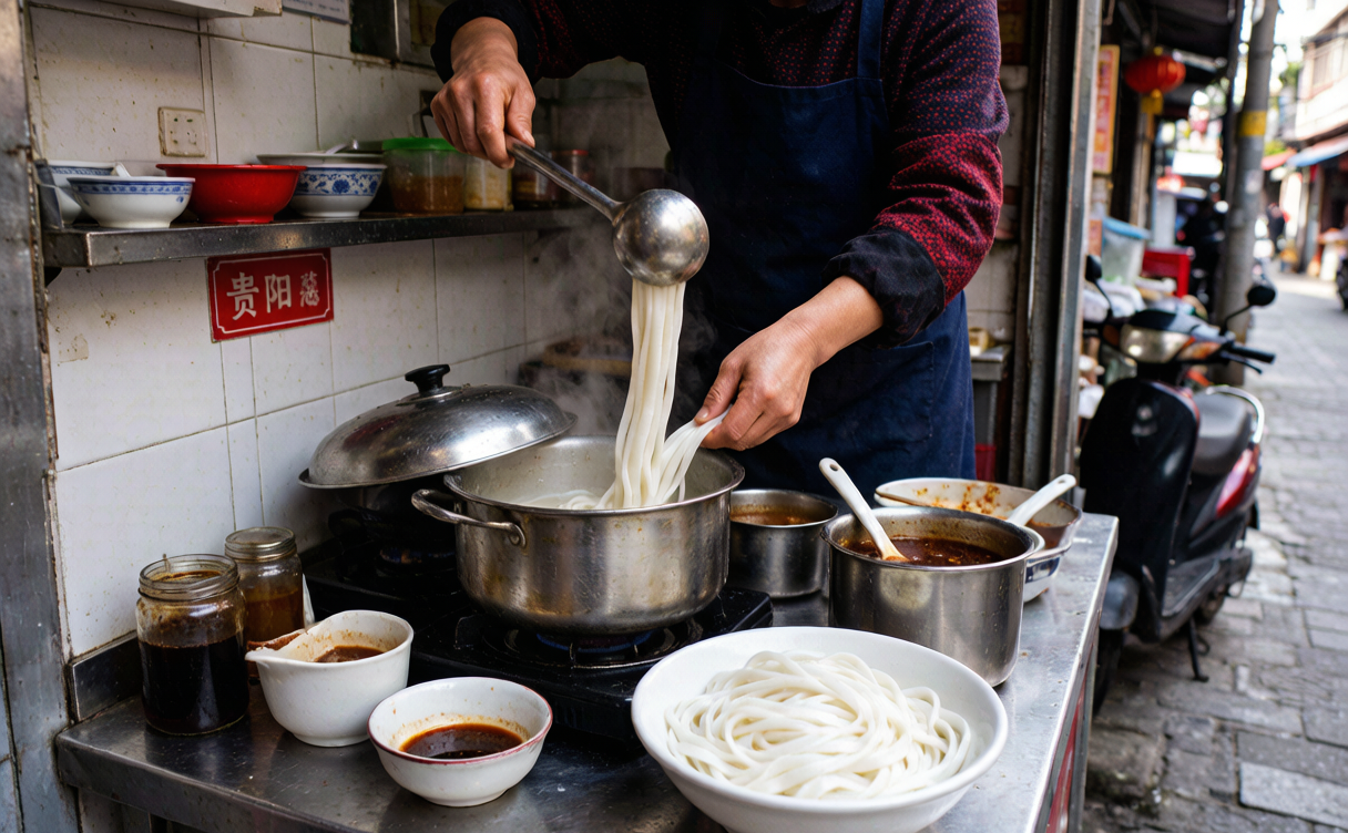 Guiyang night market alley with charcoal grills and red chili-glazed skewers under hanging lights