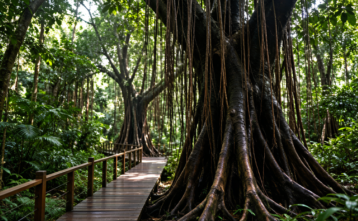 Hainan tropical rainforest boardwalk in mist