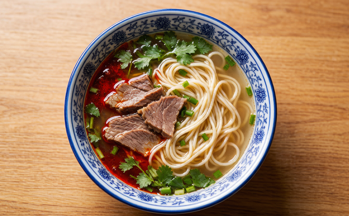 Halal Lanzhou beef lamian noodles with red chili oil and scallions